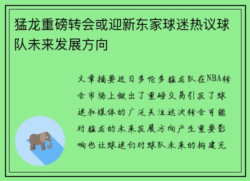 猛龙重磅转会或迎新东家球迷热议球队未来发展方向