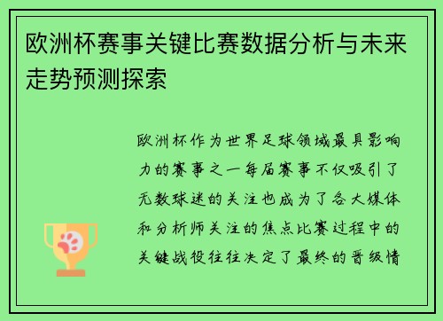 欧洲杯赛事关键比赛数据分析与未来走势预测探索